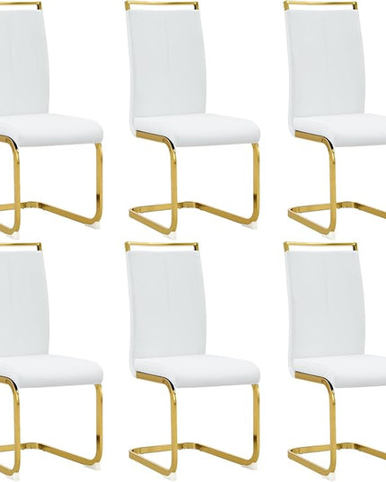 Modern Dining Chairs Set of 6,High Back White Kitchen Chairs,Faux Leather Side Chair with Gold Plated Metal Legs,Easy to Clean Upholstered Dining Chairs,Ideal for Living Room(Gold Leg) - LeafyLoom