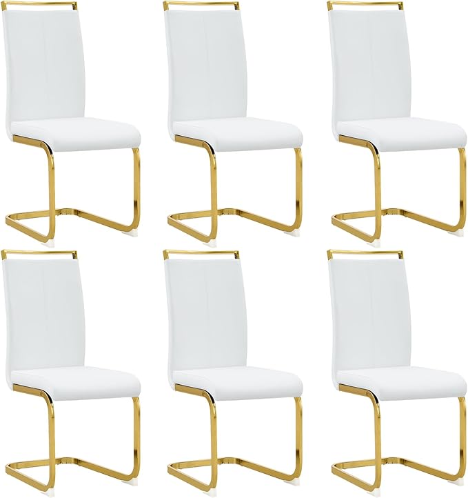 Modern Dining Chairs Set of 6,High Back White Kitchen Chairs,Faux Leather Side Chair with Gold Plated Metal Legs,Easy to Clean Upholstered Dining Chairs,Ideal for Living Room(Gold Leg) - LeafyLoom