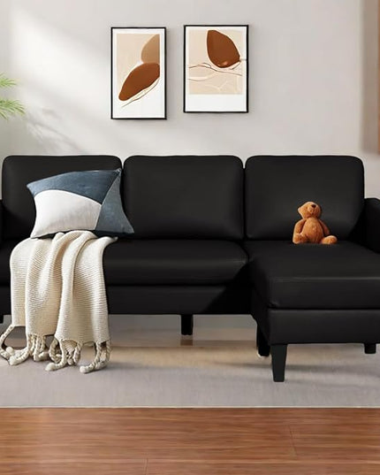 L-Shaped Sectional Modern Sofa - Leather Convertible Sofa Sleeper Sofa Bed Couch Set with Reversible Chaise, Lounge Sofa for Living Room Apartment Small Space (Leather Black) - LeafyLoom