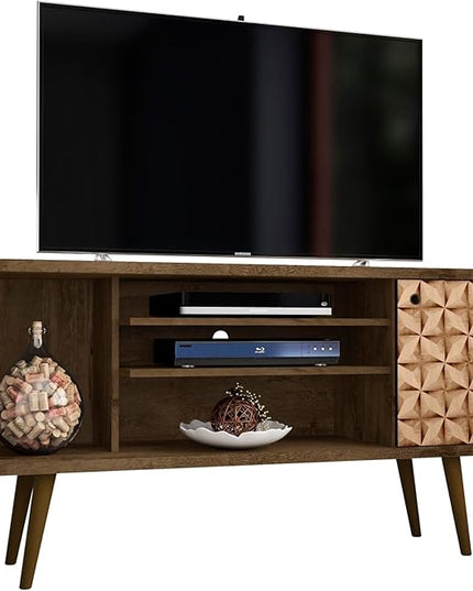 Manhattan Comfort Liberty Mid Century Modern TV Stand for Televisions up to 50 Inches, Bedroom and Living Room Entertainment Center with Storage, Shelves, and Cabinet, 53" Wide, Rustic Brown/3D Brown - LeafyLoom
