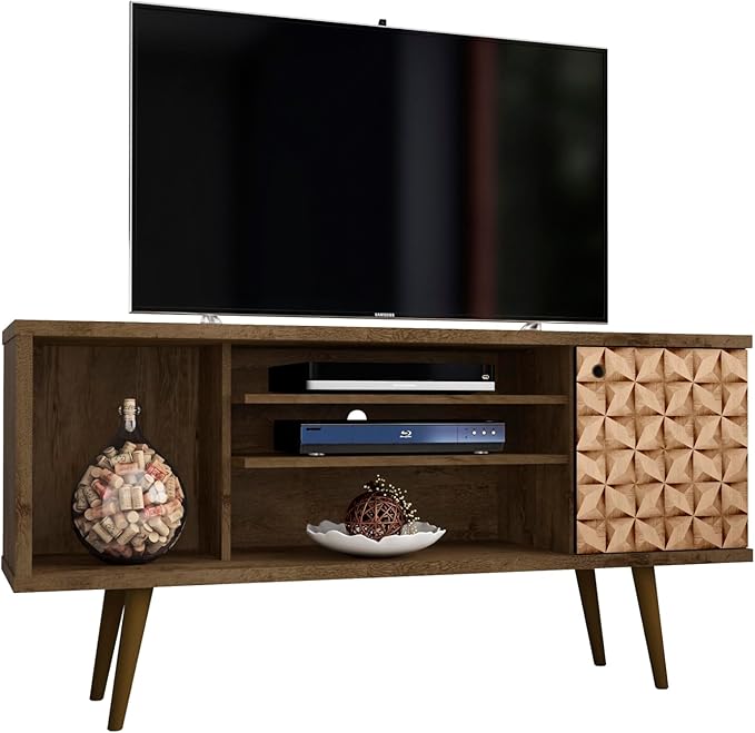 Manhattan Comfort Liberty Mid Century Modern TV Stand for Televisions up to 50 Inches, Bedroom and Living Room Entertainment Center with Storage, Shelves, and Cabinet, 53" Wide, Rustic Brown/3D Brown - LeafyLoom