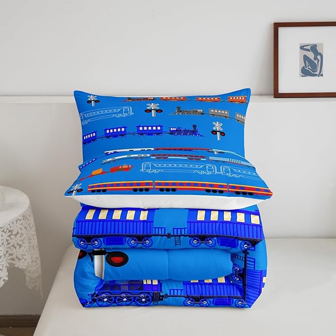 Erosebridal Train King Comforter Set for Boys,Cartoon Car Bedding Set for Kids Boys Girls Toddler,Vintage Car Down Comforter,Retro Steam Railway Rail Traffic Light Duvet Set Bedroom Decor,Blue 3Pcs - LeafyLoom