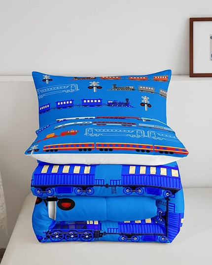 Erosebridal Train Twin Comforter Set for Boys,Cartoon Car Bedding Set for Kids Boys Girls Toddler,Vintage Car Down Comforter,Retro Steam Railway Rail Traffic Light Duvet Set Bedroom Decor,Blue 2Pcs - LeafyLoom