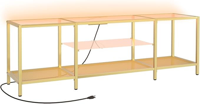 HOOBRO TV Stand with LED Lights and Power Outlets for TVs up to 75", Modern 63 Inch Tempered Glass TV Console Table with Open Shelves, Media Entertainment Center for Living Room, Gold GD165UDS01 - LeafyLoom
