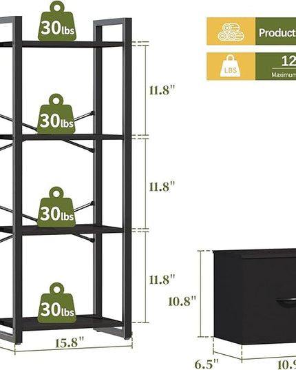 Yoobure Bookshelf, 4 Tier Book Shelf with Drawer, Small Bookcase Narrow Book Case, Industrial Bookshelves Shelf for Bedroom Living Room Office, Book Storage Organizer for CD/Movie Black - LeafyLoom