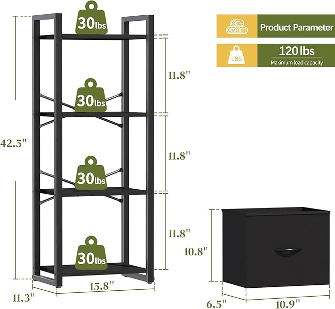 Yoobure Bookshelf, 4 Tier Book Shelf with Drawer, Small Bookcase Narrow Book Case, Industrial Bookshelves Shelf for Bedroom Living Room Office, Book Storage Organizer for CD/Movie Black - LeafyLoom