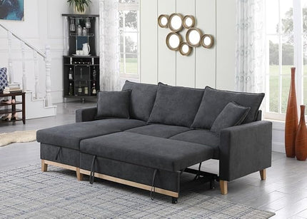 84" Sleeper Sectional Sofa with Storage Chaise, Convertible Woven 3 Seater Corner Couch w/Pull Out Bed, for Living Room Small Space, 84 Inch, Dark Gray - LeafyLoom