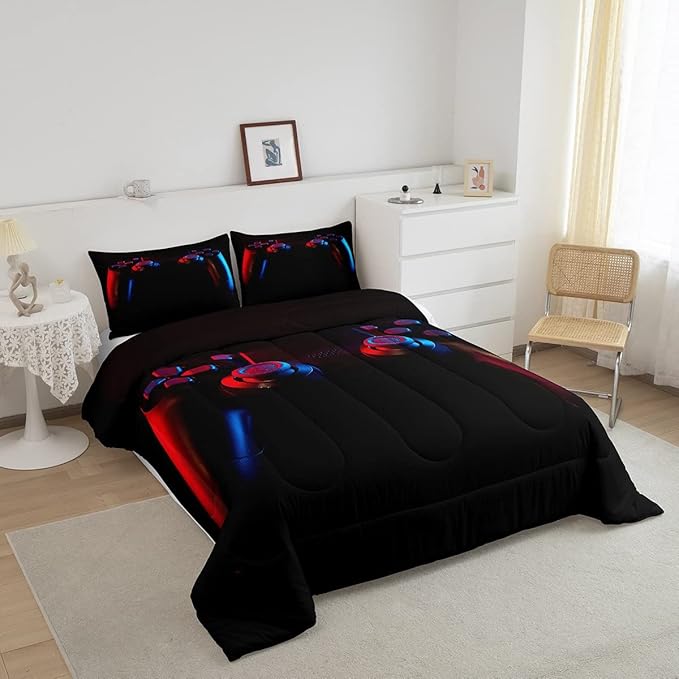 Gamer Comforter Set for Boys Girls Man Gaming Bedding Set,Black Gamepad Home Decor Player Video Game Duvet Insert Teens Kids 3 Pieces 1 Down Comforter with 2 Pieces Pillowcases(Full Size,All Season) - LeafyLoom