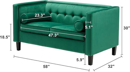 Dreamsir 58'' W Velvet Sofa, Mid-Century Love Seats Sofa Furniture with Bolster Pillows, Button Tufted Couch for Living Room, Tool-Free Assembly (Loveseat, Green) - LeafyLoom