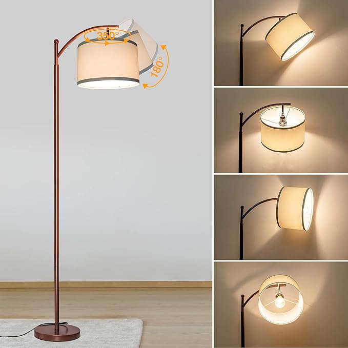 Dimmable Floor Lamp,Standing Lamp with Dimmer Brown Tall Pole Lamp with Adjustable Lamp Head Modern Floor Lamp with Hanging Shade Reading Floor Light for Living Room Bedroom 8W Bulb Included - LeafyLoom