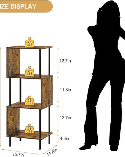 smusei 4 Tier Book Shelf Small Rustic Brown Bookshelf Organizer for Small Spaces S-Shaped Wood Corner Bookcase for Bedroom, Living Room, Study Room and Home Office - LeafyLoom