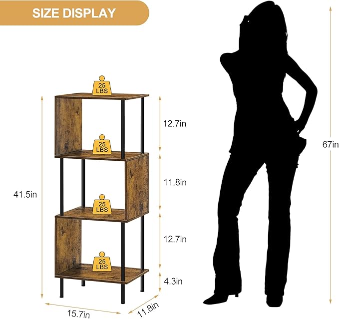smusei 4 Tier Book Shelf Small Rustic Brown Bookshelf Organizer for Small Spaces S-Shaped Wood Corner Bookcase for Bedroom, Living Room, Study Room and Home Office - LeafyLoom
