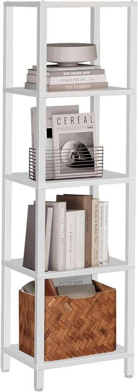 TUTOTAK Bookshelf, 5-Tier Tall Book Shelf, Narrow Bookcase for Small Space, DIY Stackable Bookshelf, for Living Room, Office, Study, Entryway, Industrial, White BS01BW005 - LeafyLoom