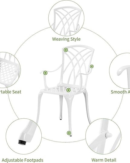 White Bistro Table and Chairs Set of 2, Cast Aluminum White Bistro Set Outdoor, Patio Bistro Sets with Umbrella Hole, Round Back Yard Set for Porch Balcony Garden - LeafyLoom