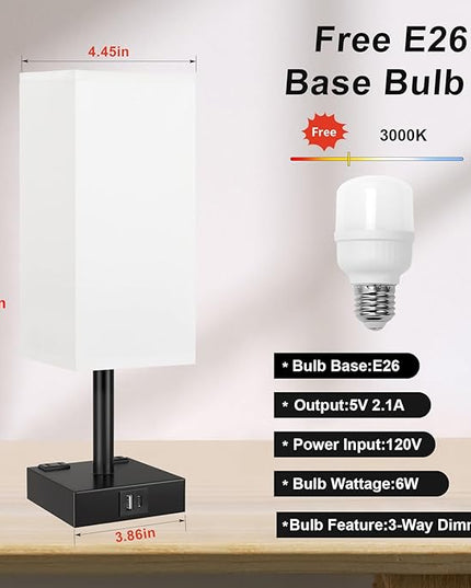 Touch Bedside Table Lamp For Nightstand - 3-Way Dimmable Night Lamp with USB A + Type C Charging Ports and two AC Outlets, Small Desk Light with E26 LED Bulb for Bedroom Living Room ,WHITE BLACK - LeafyLoom