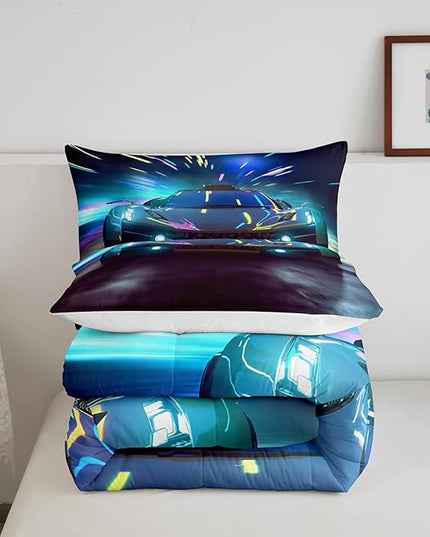 Boys Race Car Down Duvet, Cool Sports Car Comforter Set For Men Women, Extreme Sports Racer Bedding Set Full, Yellow Automobile Car Quilt Set, 1 Comforter Set With 2 Pillowcases, Lightweight, Blue - LeafyLoom