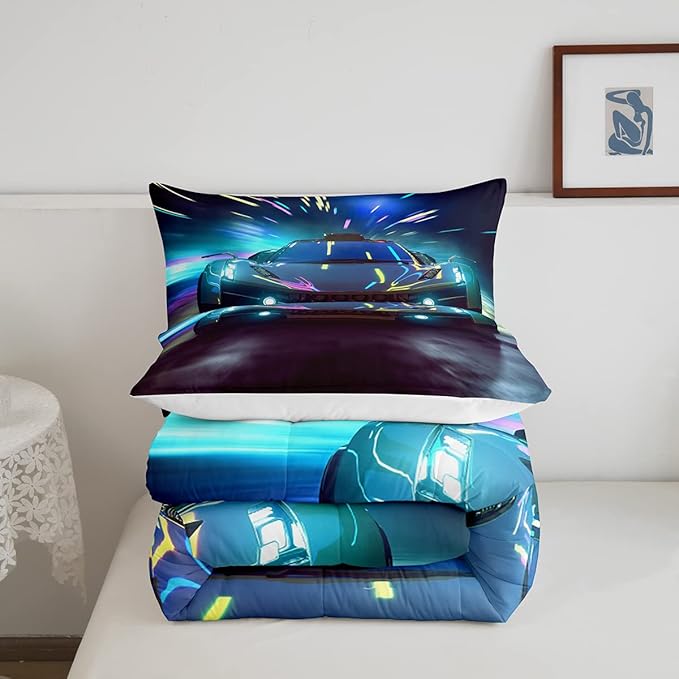 Boys Race Car Down Duvet, Cool Sports Car Comforter Set For Men Women, Extreme Sports Racer Bedding Set Full, Yellow Automobile Car Quilt Set, 1 Comforter Set With 2 Pillowcases, Lightweight, Blue - LeafyLoom
