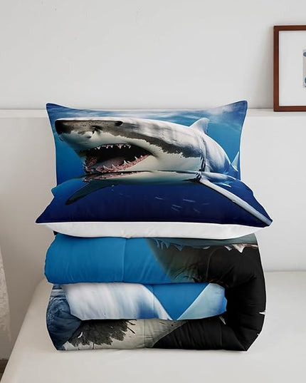 Kids Comforter Set for Boys Girls,3D Shark Fish Down Comforter 3 Piece Hawaiian Beach Theme Bedding Quilted Duvet Set Ocean Sea Animal Pattern Blue Duvet Insert for Toddler Teen Bedroom Decor,Queen - LeafyLoom