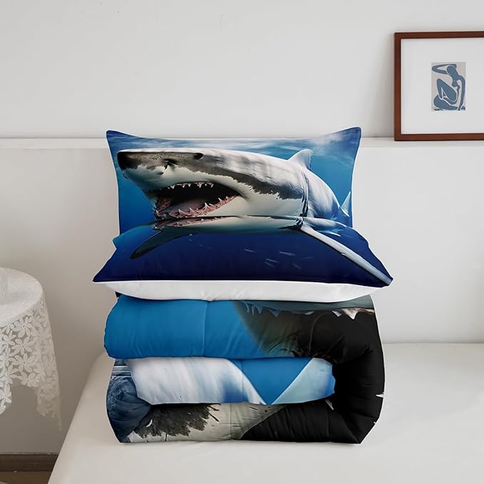 Kids Comforter Set for Boys Girls,3D Shark Fish Down Comforter 3 Piece Hawaiian Beach Theme Bedding Quilted Duvet Set Ocean Sea Animal Pattern Blue Duvet Insert for Toddler Teen Bedroom Decor,King - LeafyLoom