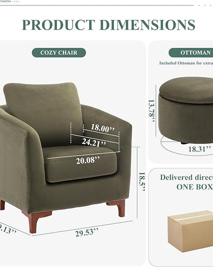 COLAMY Velvet Accent Chair with Storage Ottoman Set of 2, Upholstered Barrel Arm Chair with Footrest, Modern Living Room Chair with Back Pillow, Olive - LeafyLoom