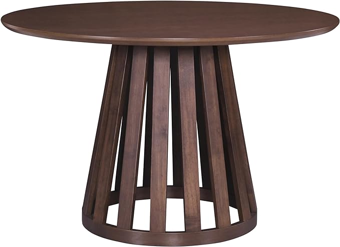 5-Piece Retro Vintage Style Wooden Round Dining Table Set with 4 Upholstered Chairs with Rattan Backrests for Kitchen, Breakfast Nook, Living Room, Walnut, 47.2" L x 47.2" W x 29.9" H - LeafyLoom