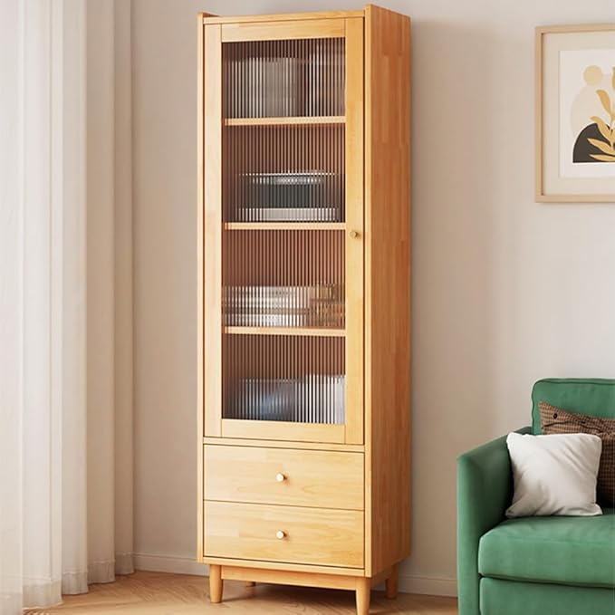Wooden Glass Door Bookcase - 2-Tier Cube Bookshelf Storage Cabinet with Double Drawer and Adjustable Shelf, Solid Wood Legs Cupboard in Pear Yellow - LeafyLoom