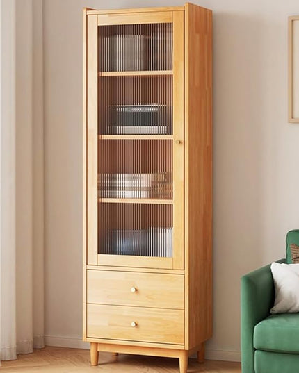 Wooden Glass Door Bookcase - 3-Tier Cube Bookshelf Storage Cabinet with Double Drawer and Adjustable Shelf, Solid Wood Legs Cupboard in Pear Yellow - LeafyLoom