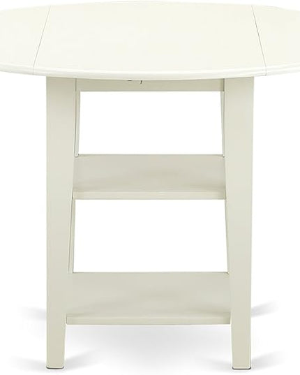 East West Furniture SUDA3-LWH-W 3 Piece Dining Room Table Set Contains a Round Dining Table with Dropleaf & Shelves and 2 Wood Seat Chairs, 42x42 Inch, Linen White - LeafyLoom