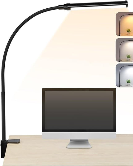 ShineTech LED Desk lamp with Clamp, Eye-Caring Clip Lights for Home Office, 3 Colors Full Brightness, Flexible Gooseneck USB Adapter Table Lamp, Black - LeafyLoom