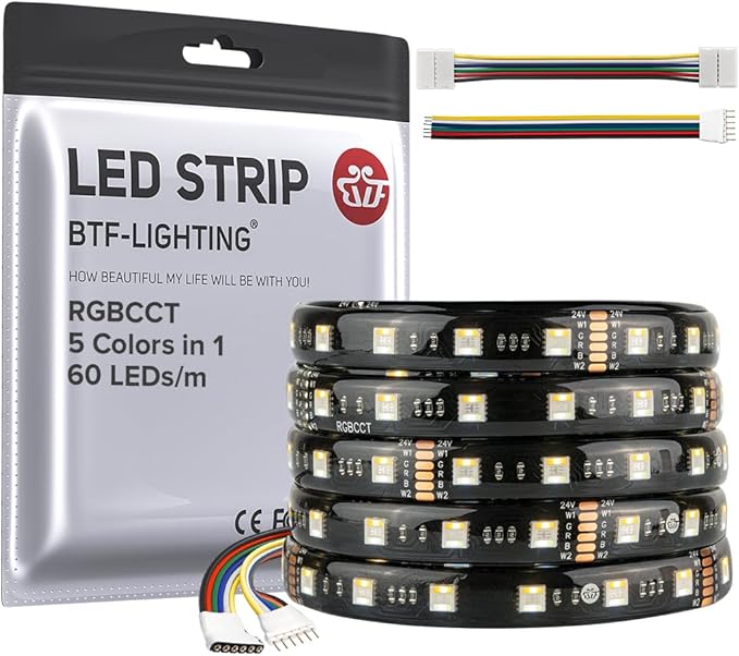 BTF-LIGHTING RGBCCT 5 Colors in 1 LED 5050SMD RGBWW RGB+Dimmable Tunable Color Temperature 2700K-6500K 16.4ft 60LEDs/m 300LEDs DC24V Multi-Colored Lights IP65 for Decoration(No Adapter or Controller) BTF-LIGHTING
