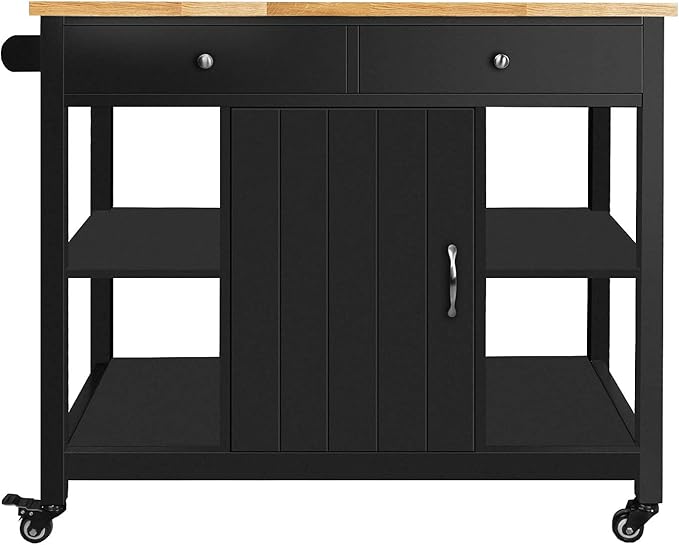 ChooChoo Kitchen Islands on Wheels with Wood Top, Utility Wood Movable Kitchen Cart with Storage and Drawers, Black - LeafyLoom