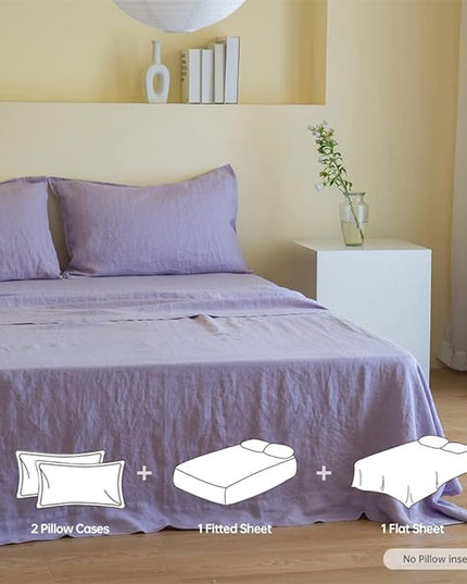 Simple&Opulence 100% Linen Sheet Set Solid Color-4 Pcs Washed French Linen Bed Sheets-Breathable Bedding Set-1 Flat Sheet,1 Fitted Sheet,2 Pillowcases (Queen,Lilac) - LeafyLoom