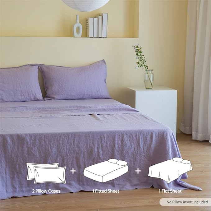 Simple&Opulence 100% Linen Sheet Set Solid Color-4 Pcs Washed French Linen Bed Sheets-Breathable Bedding Set-1 Flat Sheet,1 Fitted Sheet,2 Pillowcases (Queen,Lilac) - LeafyLoom