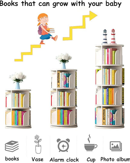 Arcwares Rotating Bookshelf, 4 Tier 360° Revolving Bookcase Corner PVC Wood-Plastic Board Bookcase, Stackable Bookshelf Organizer, Display Cabinet for Office Home Living Room - LeafyLoom