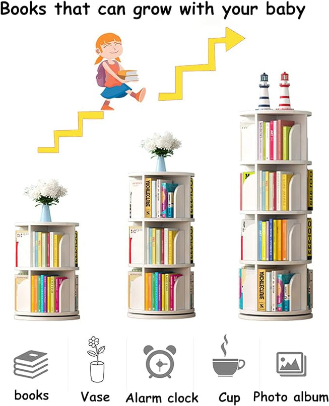 Arcwares Rotating Bookshelf, 4 Tier 360° Revolving Bookcase Corner PVC Wood-Plastic Board Bookcase, Stackable Bookshelf Organizer, Display Cabinet for Office Home Living Room - LeafyLoom