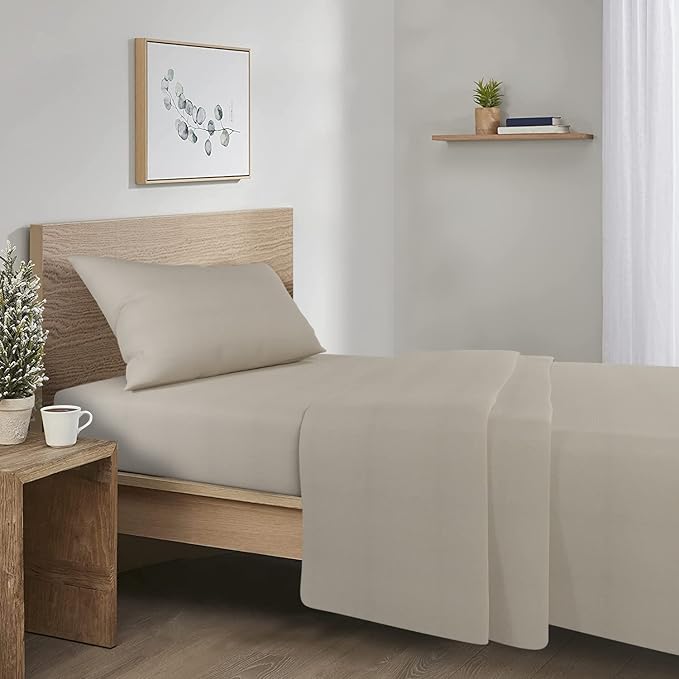 Comfort Spaces Cotton Flannel Breathable Warm Deep Pocket Sheets With Pillow Case Bedding, Twin, Solid Tan, 3 Piece - LeafyLoom