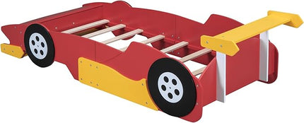 Twin Size Racecar Bed for Big Boys,Wood Platform Bedframe with Wheels & Safety Guardrail,Slats Support,Easy Assembly,Toddlers Kids Car Floor Beds for Fun Children's Bedroom,Red - LeafyLoom