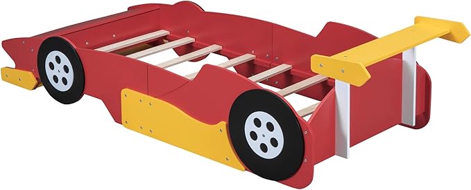 Twin Size Racecar Bed for Big Boys,Wood Platform Bedframe with Wheels & Safety Guardrail,Slats Support,Easy Assembly,Toddlers Kids Car Floor Beds for Fun Children's Bedroom,Red - LeafyLoom