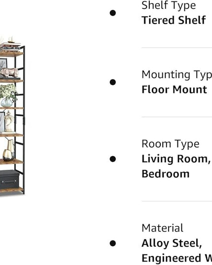 NUMENN 6 Tier Bookshelf, Tall Bookcase Shelf Storage Organizer, Modern Book Shelf for Bedroom, Living Room and Home Office, Vintage - LeafyLoom