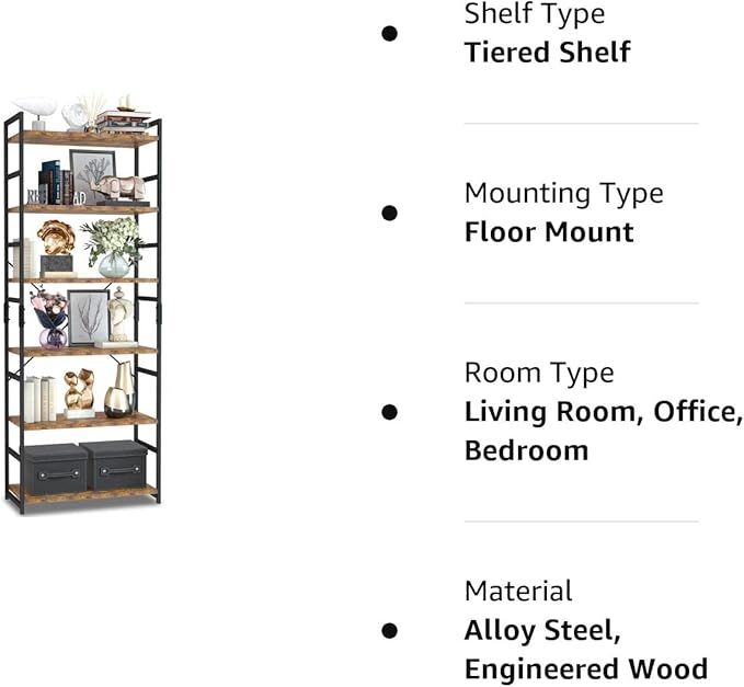 NUMENN 6 Tier Bookshelf, Tall Bookcase Shelf Storage Organizer, Modern Book Shelf for Bedroom, Living Room and Home Office, Vintage - LeafyLoom