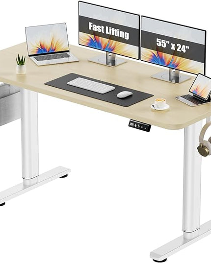 Electric Standing Desk Adjustable Height Stand Up Desk, 55" x 24" Sit Stand Desk, Low Noise Home Office Desk, Computer Desk with Splice Board, Child Lock & Memory Function, Maple - LeafyLoom