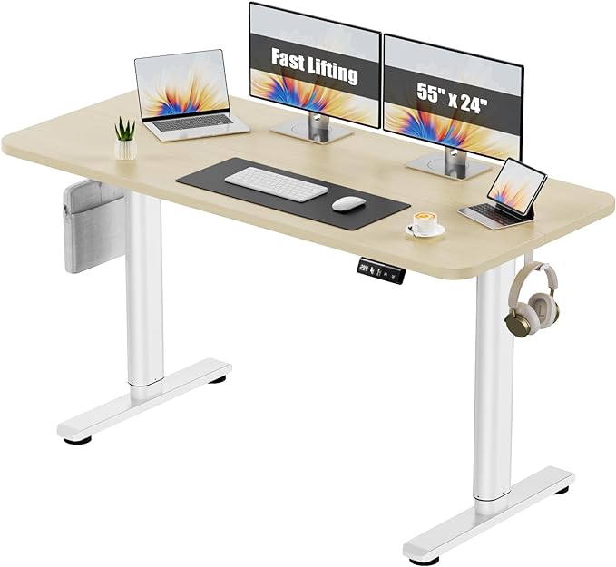 Electric Standing Desk Adjustable Height Stand Up Desk, 55" x 24" Sit Stand Desk, Low Noise Home Office Desk, Computer Desk with Splice Board, Child Lock & Memory Function, Maple - LeafyLoom