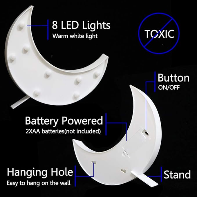 LED Moon Shaped Marquee Signs, Light Up Moon Night Lights Battery Operated Crescent Moon Lamp for Bedroom, Christmas, Birthday Party Decor-Moon(White) - LeafyLoom
