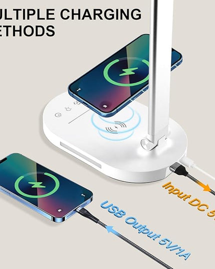 Lightess LED Desk Lamp with Wireless Charger, USB Charging Port - Dual Swing Arm Dimmable LED Desk Light with Night Light, Foldable Desk Lamp, Touch Control Table Lamp for College Dorm Room Bedroom - LeafyLoom