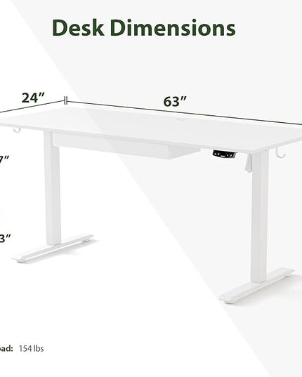 Adjustable Height Electric Standing Desk with Storage Wooden Drawer, 63 x 24 Inches Stand Up Home Office Computer Gaming Table with Splice Board for Work Office Home, White - LeafyLoom