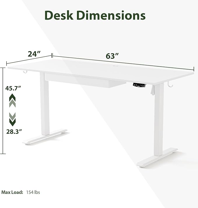 Adjustable Height Electric Standing Desk with Storage Wooden Drawer, 63 x 24 Inches Stand Up Home Office Computer Gaming Table with Splice Board for Work Office Home, White - LeafyLoom