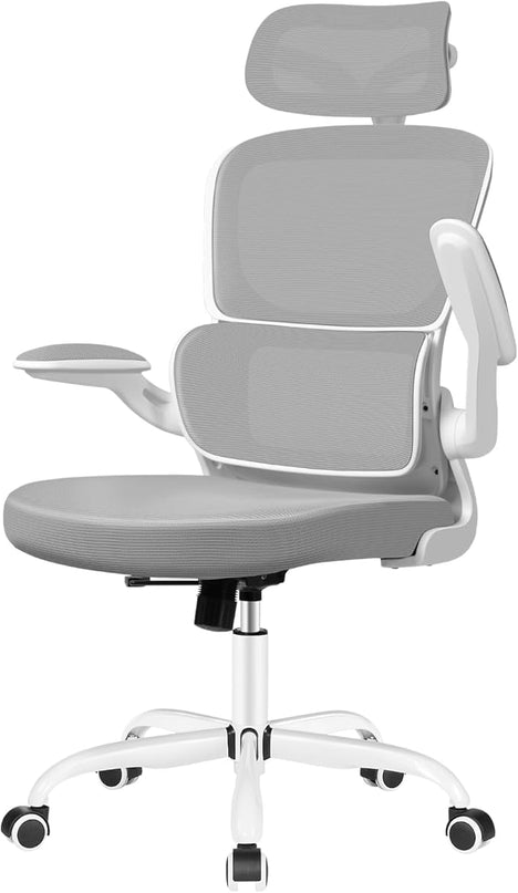 Ergonomic Office Chair, High Back Mesh Desk Chair with Lumbar Support and Adjustable Headrest, Computer Gaming Chair with Flip-up Armrests, Executive Swivel Chair for Home Office (LightGray) - LeafyLoom