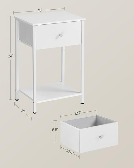 VASAGLE Nightstand, Side Table with Fabric Drawer, 24-Inch Tall End Table with Storage Shelf, Bedroom, White ULGS021W14 - LeafyLoom