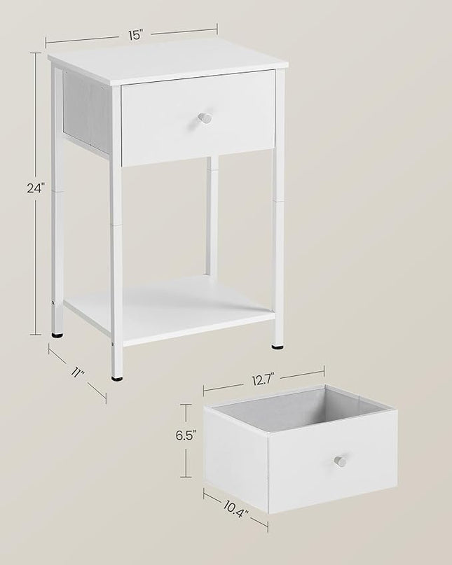 VASAGLE Nightstand, Side Table with Fabric Drawer, 24-Inch Tall End Table with Storage Shelf, Bedroom, White ULGS021W14 - LeafyLoom