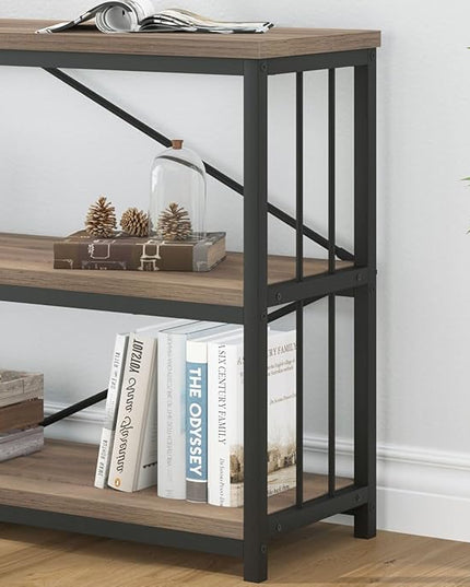 IBF Industrial 3 Tier Bookshelf, Rustic Low Wood and Metal Book Shelf, Farmhouse Long Wide Open Horizontal Bookcase, Modern Large Vintage Etagere for Home Office Bedroom Living Room, Rustic Oak, 63 In - LeafyLoom